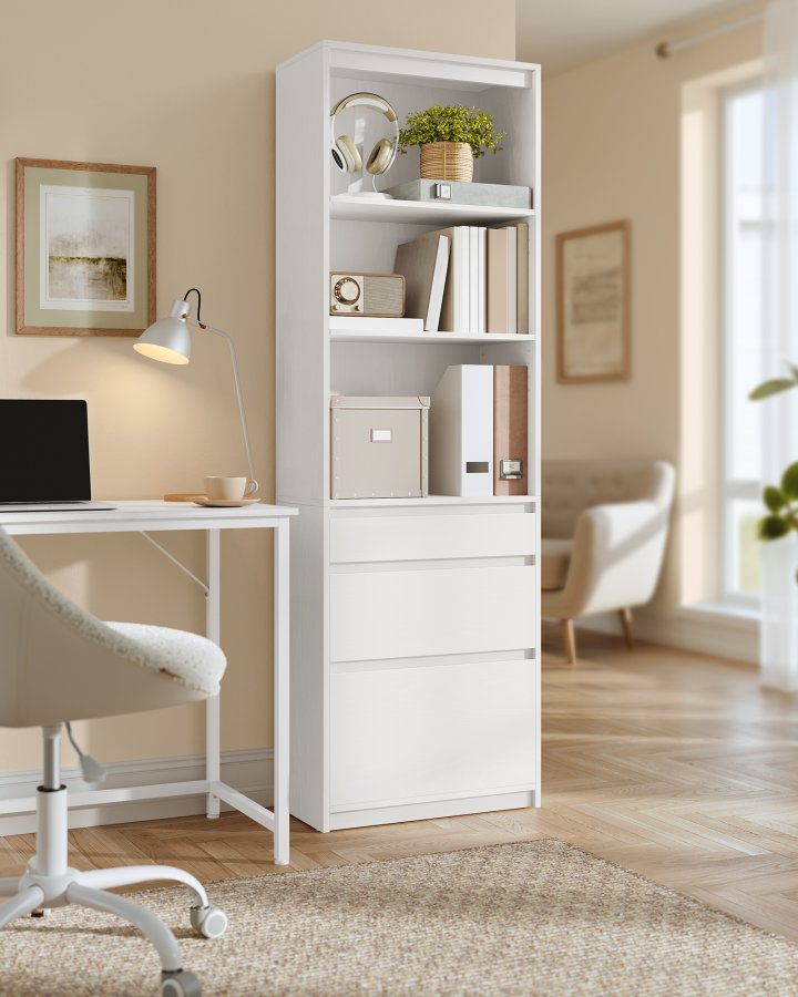 VASAGLE KAILYN Collection - Bokhylla, med 3 l�dor, justerbara hyllplan, 180 cm h&ouml;g, f&ouml;r vardagsrum, sovrum, hemmakontor, modern, platsbesparande, sn&ouml;vit LBC188W01