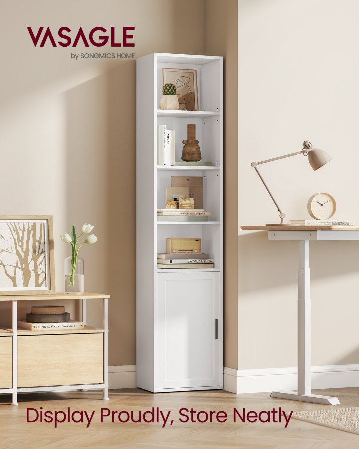 VASAGLE Bogreol, 6-etagers h�j bogreol, bogreol med d�r, reolenhed, 24 x 31,8 x 175 cm, til stue, hjemmekontor, spisestue, Cloud White LBC401W01
