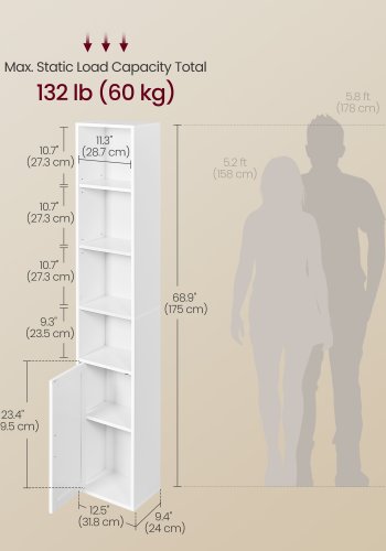 VASAGLE Bogreol, 6-etagers h�j bogreol, bogreol med d�r, reolenhed, 24 x 31,8 x 175 cm, til stue, hjemmekontor, spisestue, Cloud White LBC401W01