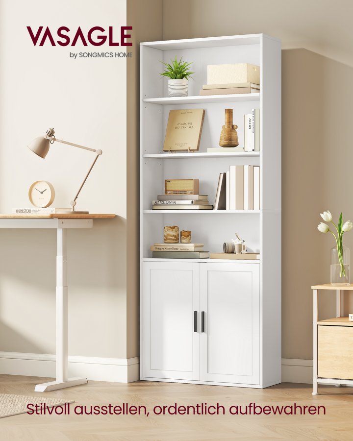 VASAGLE Bogreol, 6-etagers h�j bogreol, bogreol med d�re, reolenhed, 24 x 60 x 175 cm, til stue, hjemmekontor, spisestue, Cloud White LBC402W01