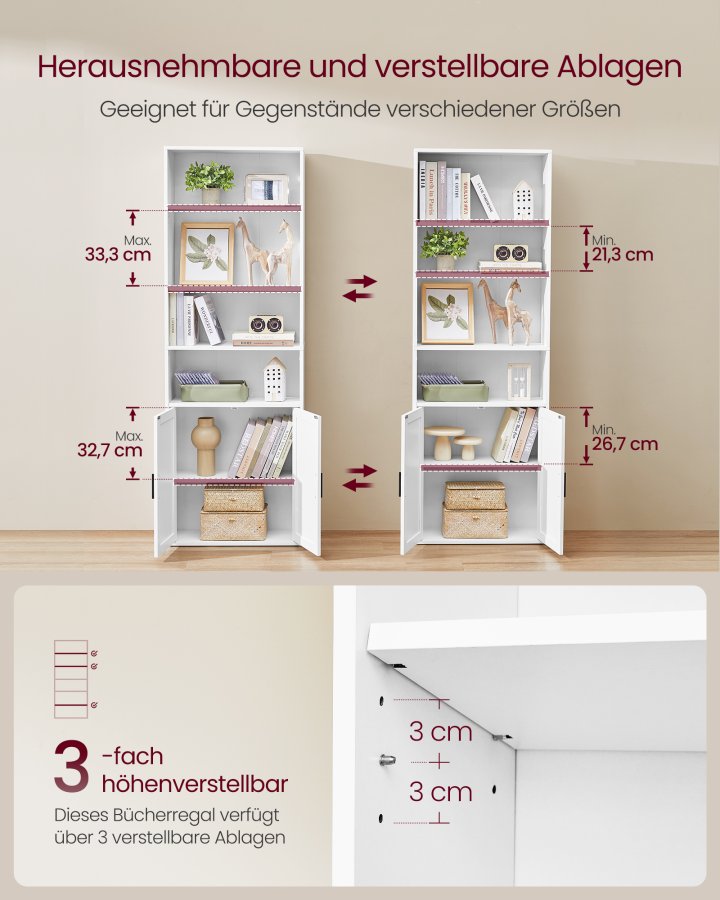 VASAGLE Bogreol, 6-etagers h�j bogreol, bogreol med d�re, reolenhed, 24 x 60 x 175 cm, til stue, hjemmekontor, spisestue, Cloud White LBC402W01