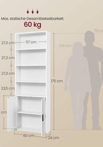 VASAGLE Bogreol, 6-etagers h�j bogreol, bogreol med d�re, reolenhed, 24 x 60 x 175 cm, til stue, hjemmekontor, spisestue, Cloud White LBC402W01