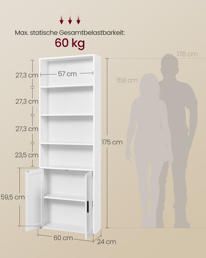 VASAGLE Bogreol, 6-etagers h�j bogreol, bogreol med d�re, reolenhed, 24 x 60 x 175 cm, til stue, hjemmekontor, spisestue, Cloud White LBC402W01