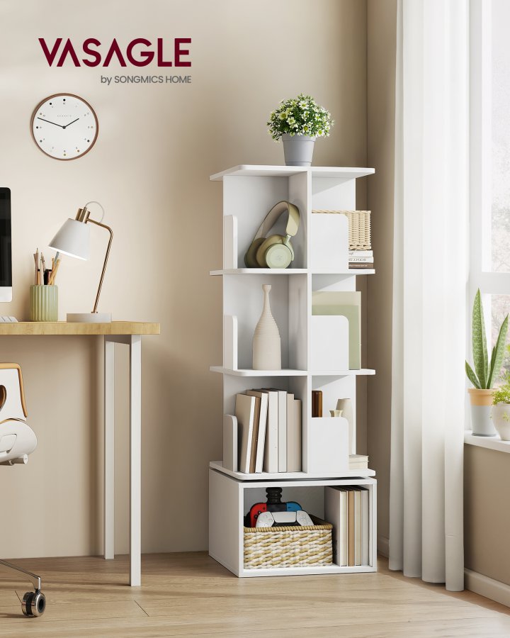 VASAGLE Custos Collection - Roterende reol, opbevaringshylde med 4 niveauer, st�ende hylde med �bne rum, 40 x 40 x 124,6 cm, til sovev�relse, stue, kontor, Cloud White LBC471WB01