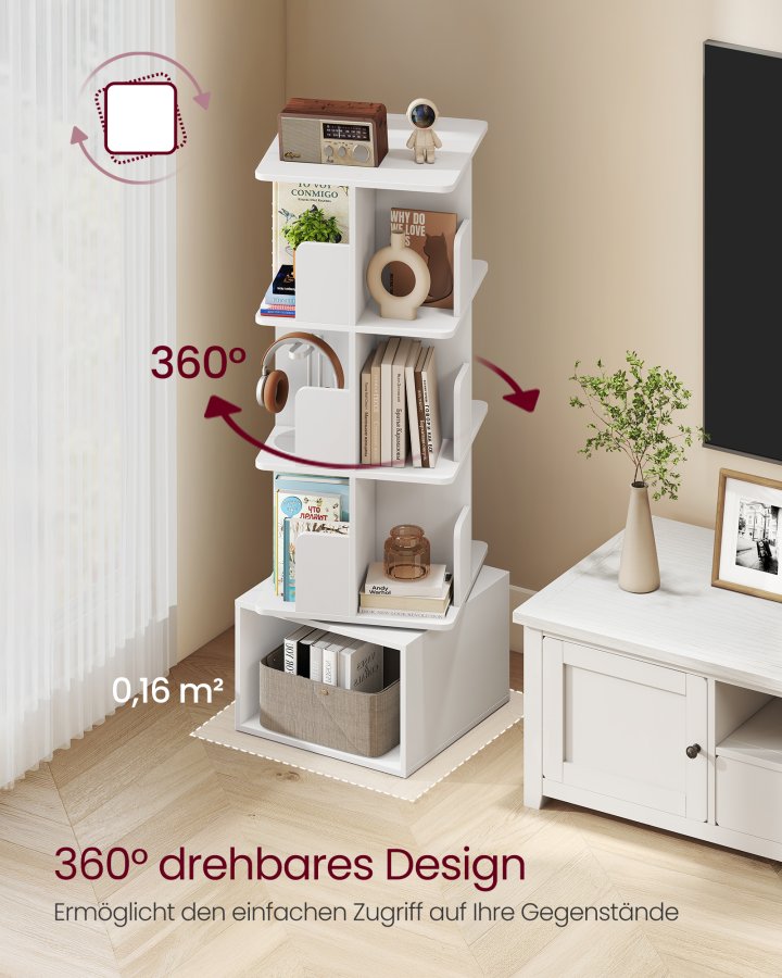VASAGLE Custos Collection - Roterende reol, opbevaringshylde med 4 niveauer, st�ende hylde med �bne rum, 40 x 40 x 124,6 cm, til sovev�relse, stue, kontor, Cloud White LBC471WB01