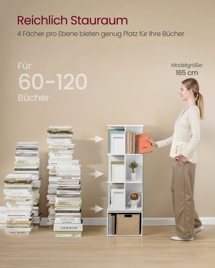 VASAGLE Custos Collection - Roterende reol, opbevaringshylde med 4 niveauer, st�ende hylde med �bne rum, 40 x 40 x 124,6 cm, til sovev�relse, stue, kontor, Cloud White LBC471WB01