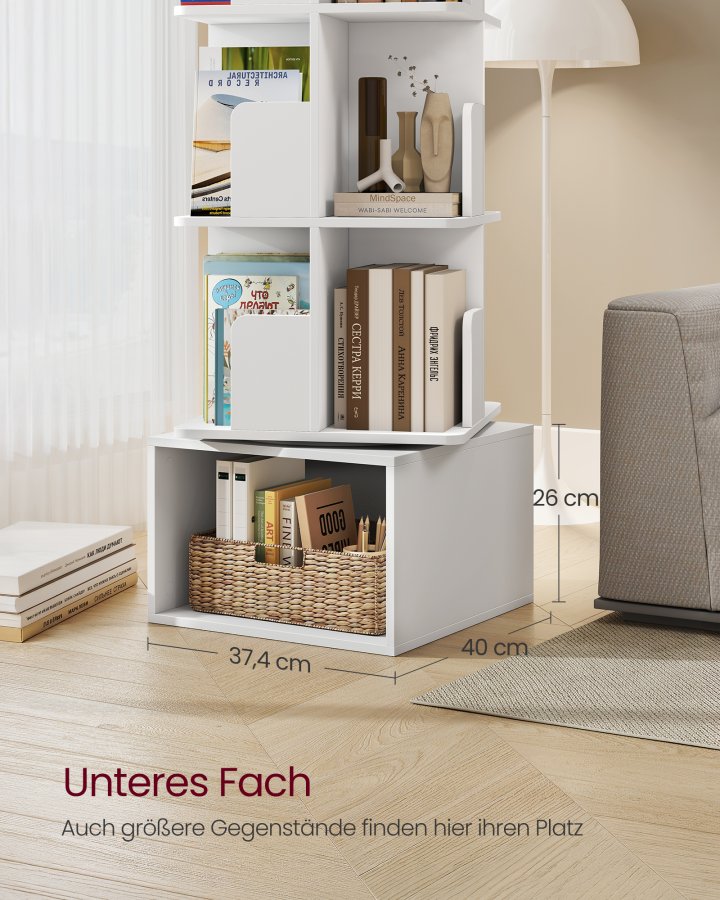 VASAGLE Custos Collection - Roterende reol, opbevaringshylde med 4 niveauer, st�ende hylde med �bne rum, 40 x 40 x 124,6 cm, til sovev�relse, stue, kontor, Cloud White LBC471WB01