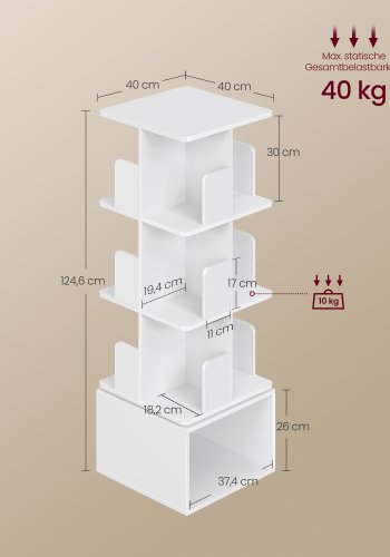 VASAGLE Custos Collection - Roterende reol, opbevaringshylde med 4 niveauer, st�ende hylde med �bne rum, 40 x 40 x 124,6 cm, til sovev�relse, stue, kontor, Cloud White LBC471WB01