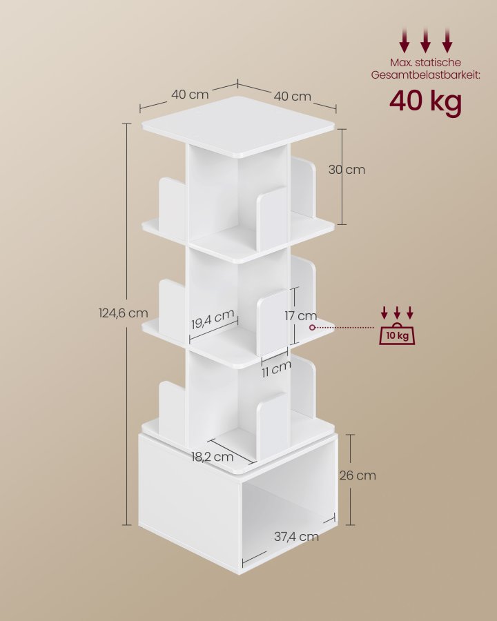 VASAGLE Custos Collection - Roterende reol, opbevaringshylde med 4 niveauer, st�ende hylde med �bne rum, 40 x 40 x 124,6 cm, til sovev�relse, stue, kontor, Cloud White LBC471WB01