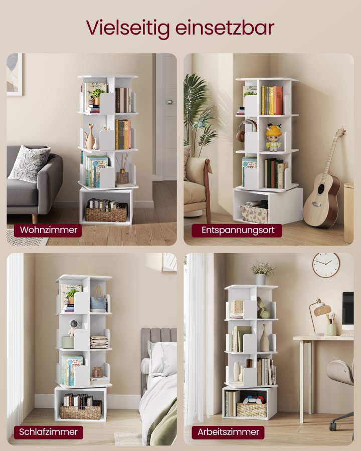 VASAGLE Custos Collection - Roterende reol, opbevaringshylde med 4 niveauer, st�ende hylde med �bne rum, 40 x 40 x 124,6 cm, til sovev�relse, stue, kontor, Cloud White LBC471WB01