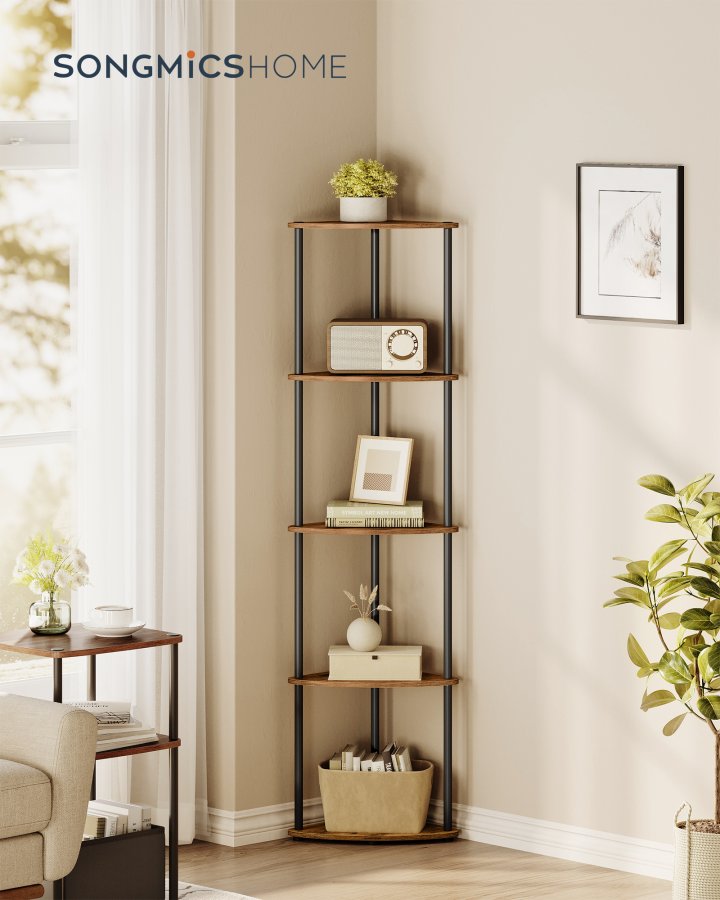 SONGMICS HOME Superhurtig v�rkt�jsfri montering, 5-lags hj�rnehylde, hj�rnereol, hj�rneopbevaringsstativ, 38,3 x 27 x 139 cm, stue, sovev�relse, k�kken, rustik brun LBC610K01