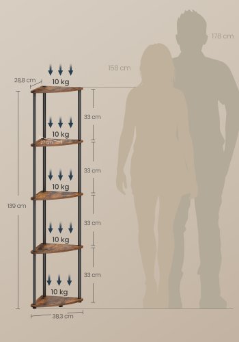 SONGMICS HOME Superhurtig v�rkt�jsfri montering, 5-lags hj�rnehylde, hj�rnereol, hj�rneopbevaringsstativ, 38,3 x 27 x 139 cm, stue, sovev�relse, k�kken, rustik brun LBC610K01