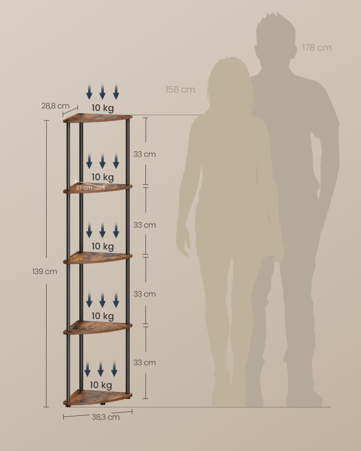 SONGMICS HOME Superhurtig v�rkt�jsfri montering, 5-lags hj�rnehylde, hj�rnereol, hj�rneopbevaringsstativ, 38,3 x 27 x 139 cm, stue, sovev�relse, k�kken, rustik brun LBC610K01