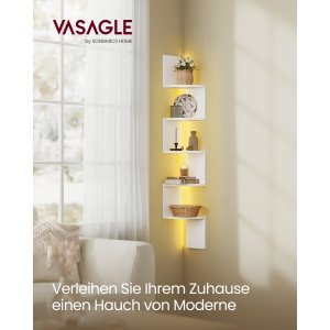 VASAGLE v�gmonteret hj�rnereol med RGB LED-lys, 5-lags sv�vende hj�rnebogreol, plantereol, til sovev�relse, stue, badev�relse, kontor, knap og fjernbetjening, mat hvid LBC630W01