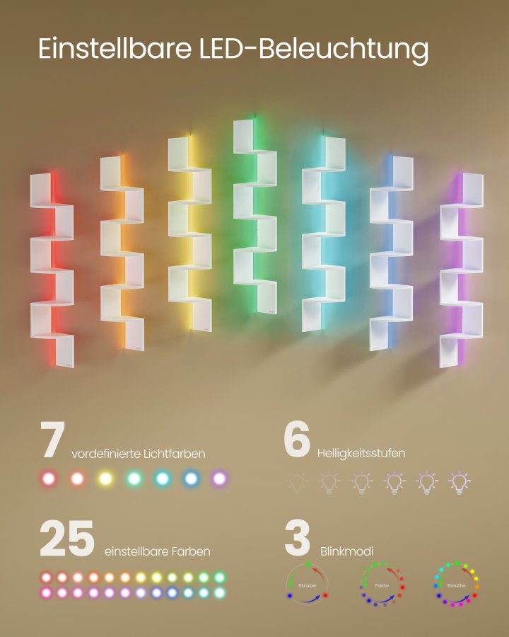 VASAGLE v�gmonteret hj�rnereol med RGB LED-lys, 5-lags sv�vende hj�rnebogreol, plantereol, til sovev�relse, stue, badev�relse, kontor, knap og fjernbetjening, mat hvid LBC630W01