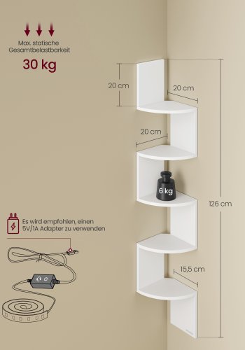 VASAGLE v�gmonteret hj�rnereol med RGB LED-lys, 5-lags sv�vende hj�rnebogreol, plantereol, til sovev�relse, stue, badev�relse, kontor, knap og fjernbetjening, mat hvid LBC630W01