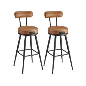VASAGLE EKHO Kollektion - Barstole S�t med 2 drejelige barstole med rygl�n Kunstl�der med syninger Mid-Century Modern stil 76 cm h�j K�kken Hjemmebar Karamelbrun LBC889K01