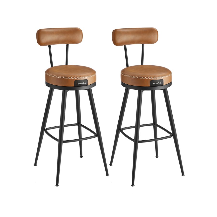VASAGLE EKHO Kollektion - Barstole S�t med 2 drejelige barstole med rygl�n Kunstl�der med syninger Mid-Century Modern stil 76 cm h�j K�kken Hjemmebar Karamelbrun LBC889K01