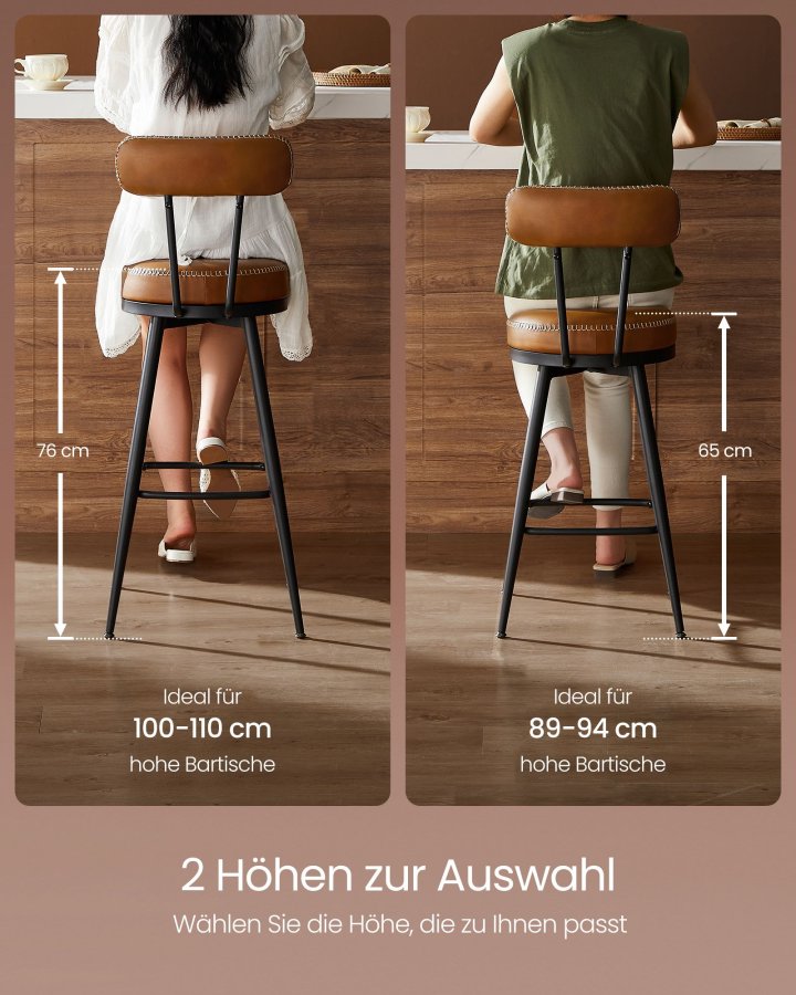 VASAGLE EKHO Kollektion - Barstole S�t med 2 drejelige barstole med rygl�n Kunstl�der med syninger Mid-Century Modern stil 76 cm h�j K�kken Hjemmebar Karamelbrun LBC889K01