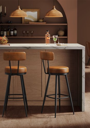 VASAGLE EKHO Kollektion - Barstole S�t med 2 drejelige barstole med rygl�n Kunstl�der med syninger Mid-Century Modern stil 76 cm h�j K�kken Hjemmebar Karamelbrun LBC889K01