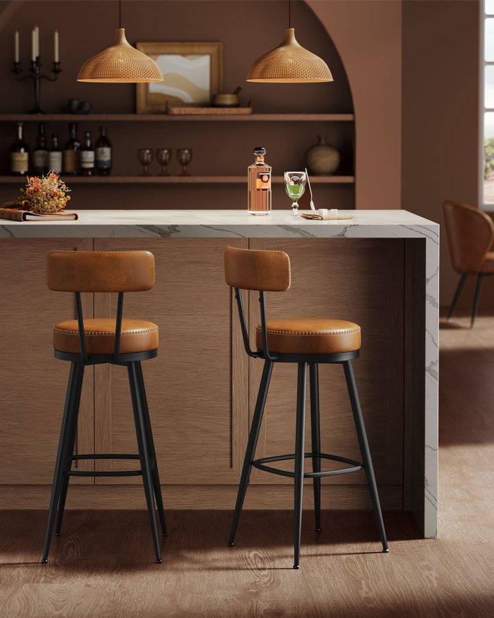 VASAGLE EKHO Kollektion - Barstole S�t med 2 drejelige barstole med rygl�n Kunstl�der med syninger Mid-Century Modern stil 76 cm h�j K�kken Hjemmebar Karamelbrun LBC889K01