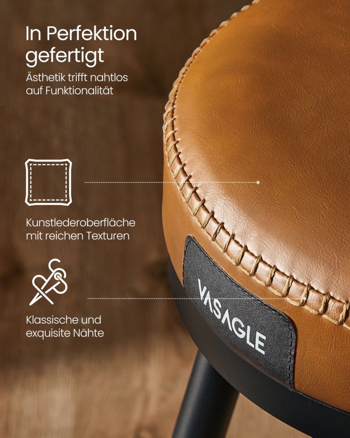 VASAGLE EKHO Kollektion - Barstole S�t med 2 drejelige barstole med rygl�n Kunstl�der med syninger Mid-Century Modern stil 76 cm h�j K�kken Hjemmebar Karamelbrun LBC889K01