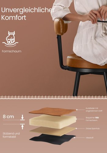 VASAGLE EKHO Kollektion - Barstole S�t med 2 drejelige barstole med rygl�n Kunstl�der med syninger Mid-Century Modern stil 76 cm h�j K�kken Hjemmebar Karamelbrun LBC889K01