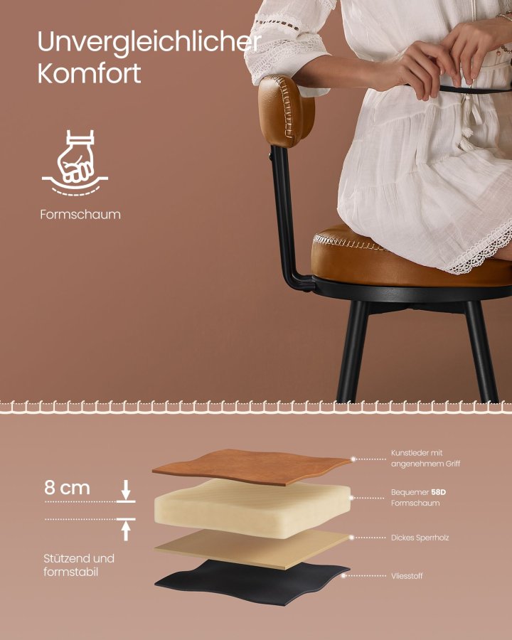 VASAGLE EKHO Kollektion - Barstole S�t med 2 drejelige barstole med rygl�n Kunstl�der med syninger Mid-Century Modern stil 76 cm h�j K�kken Hjemmebar Karamelbrun LBC889K01