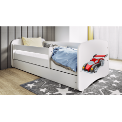 Babydreams juniorseng med racerbil, m. madras, sengehest og skuffe - hvid laminat (180x80)