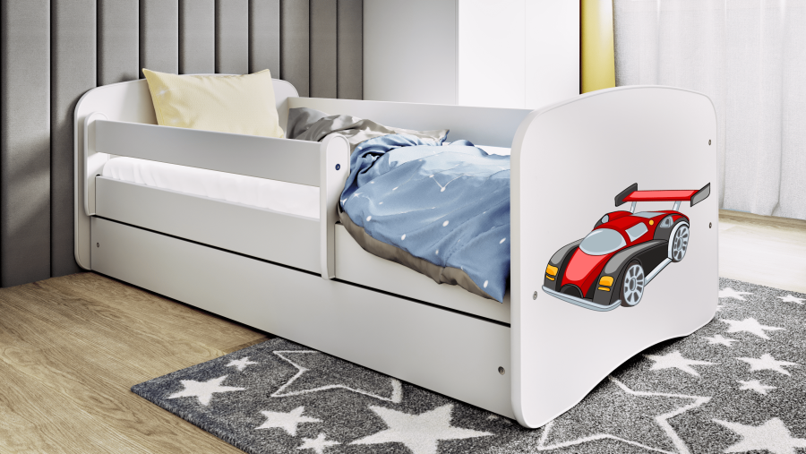Babydreams juniorsng med racerbil, med madrass, stdbrda och lda - vit laminat (180x80)