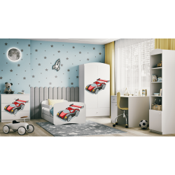 Babydreams juniorseng med racerbil, m. madras, sengehest og skuffe - hvid laminat (160x80)