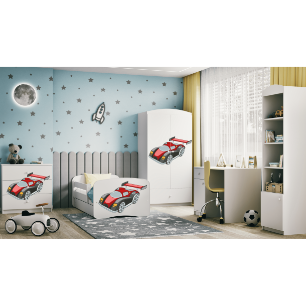 Babydreams juniorseng med racerbil, m. madras, sengehest og skuffe - hvid laminat (180x80)