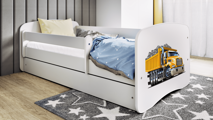 Babydreams juniorsng med lastbil, med madrass, stdbrda och lda - vit laminat (160x80)