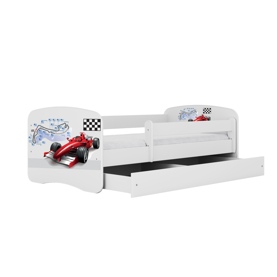 Babydreams juniorseng med racerbil, med madrass, sengehest og skuff - hvit laminat (160x80)