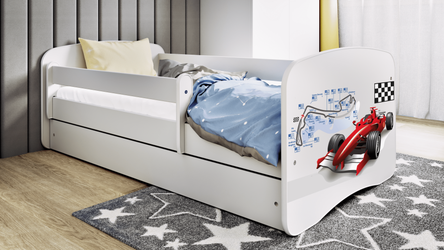Babydreams juniorseng med racerbil, med madrass, sengehest og skuff - hvit laminat (180x80)