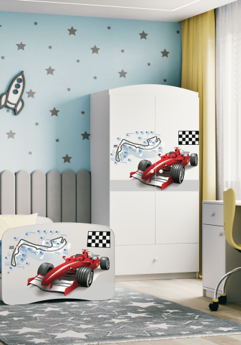 Babydreams juniorseng med racerbil, med madrass, sengehest og skuff - hvit laminat (160x80)