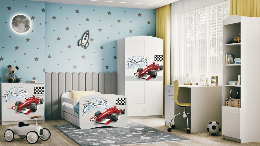 Babydreams juniorseng med racerbil, med madrass, sengehest og skuff - hvit laminat (180x80)