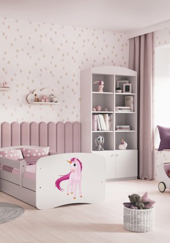 Babydreams juniorseng med enhjrning, m. madras, sengehest og skuffe - hvid laminat (160x80)
