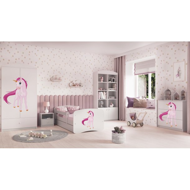 Babydreams juniorseng med enhjrning, m. madras, sengehest og skuffe - hvid laminat (140x70)
