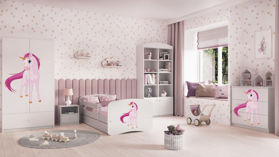 Babydreams juniorseng med enhjrning, med madrass, sengehest og skuff - hvit laminat (140x70)