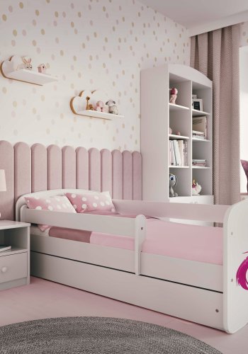 Babydreams juniorseng med enhjrning, m. madras, sengehest og skuffe - hvid laminat (160x80)