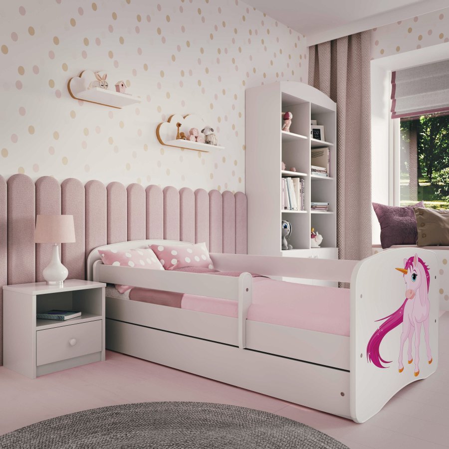 Babydreams juniorseng med enhjrning, med madrass, sengehest og skuff - hvit laminat (180x80)