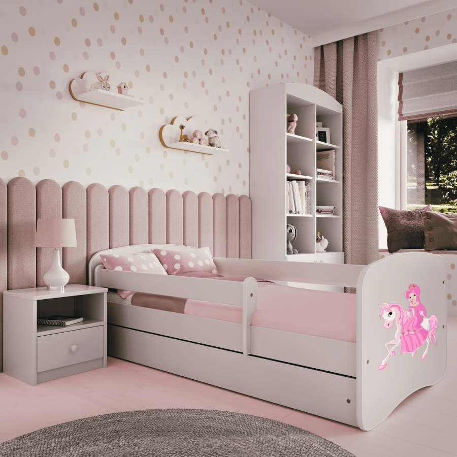 Babydreams juniorsng med prinsessa p hst, med madrass, stdbrda och lda - vit laminat (160x80)