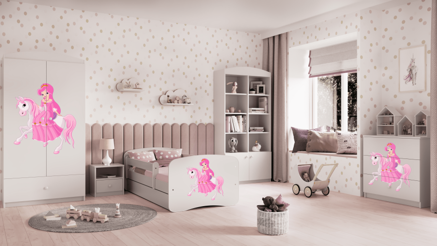 Babydreams juniorsng med prinsessa p hst, med madrass, stdbrda och lda - vit laminat (160x80)