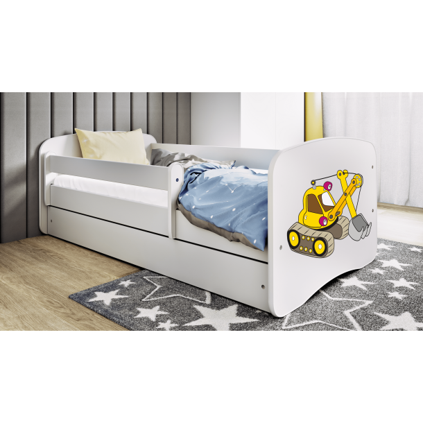 Babydreams juniorseng med gravemaskine, m. madras, sengehest og skuffe - hvid laminat (140x70)