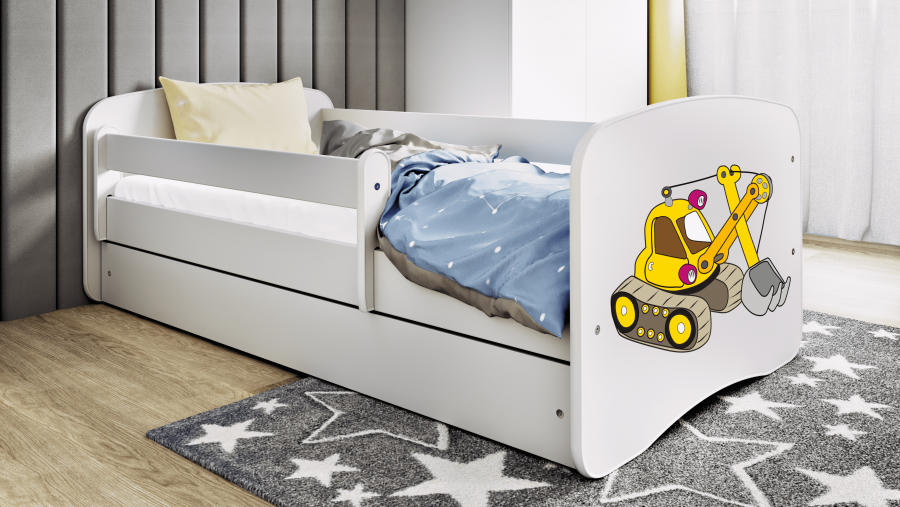 Babydreams juniorseng med gravemaskine, m. madras, sengehest og skuffe - hvid laminat (140x70)