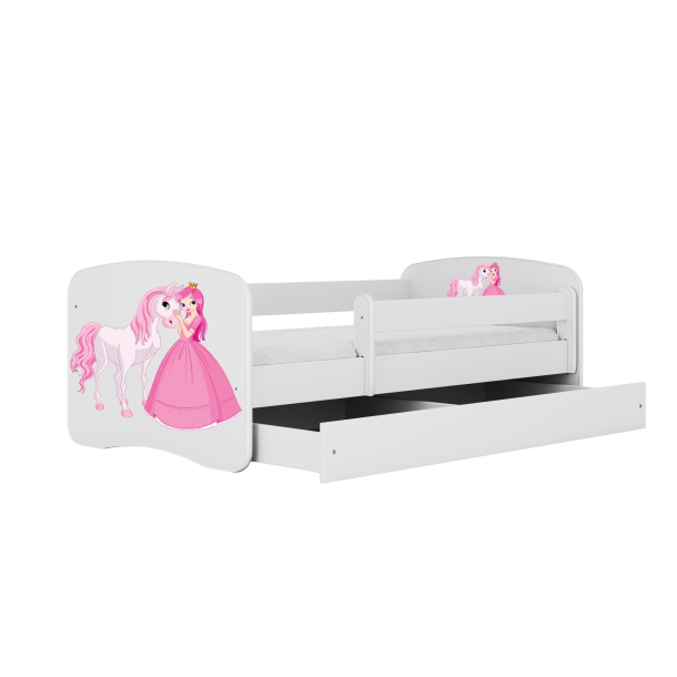 Babydreams juniorseng med prinsesse og hest, m. madras, sengehest og skuffe - hvid laminat (140x70)
