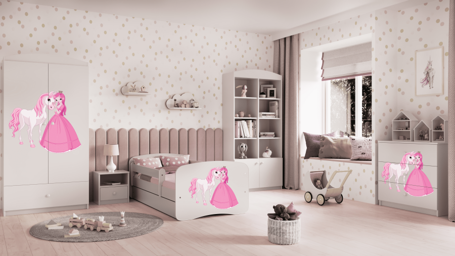 Babydreams juniorsng med prinsessa och hst, med madrass, stdbrda och lda - vit laminat (180x80)