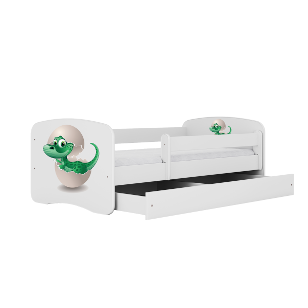 Babydreams juniorseng med lille dino, m. madras, sengehest og skuffe - hvid laminat (160x80)