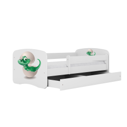 Babydreams juniorseng med lille dino, m. madras, sengehest og skuffe - hvid laminat (140x70)